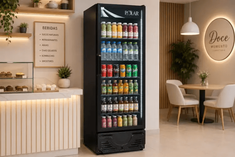 Expositor vertical Polar com bebidas em uma cafeteria
