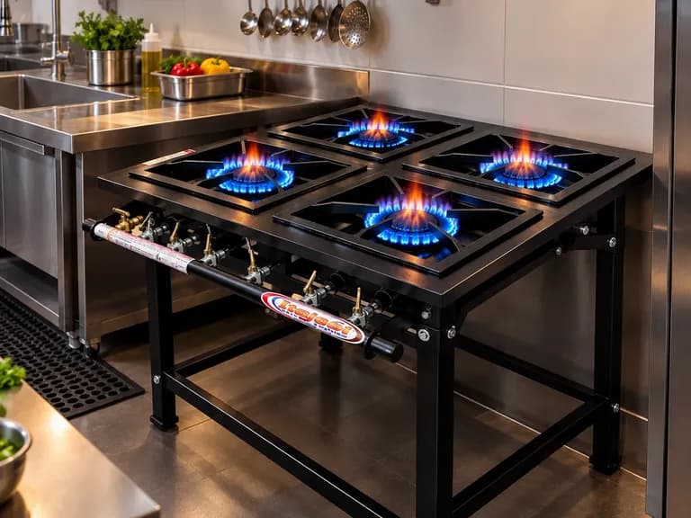 Fogão industrial a gás de quatro bocas em uma cozinha profissional