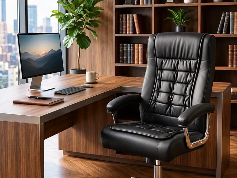 Cadeira presidente de couro preto em um escritório com mesa de madeira