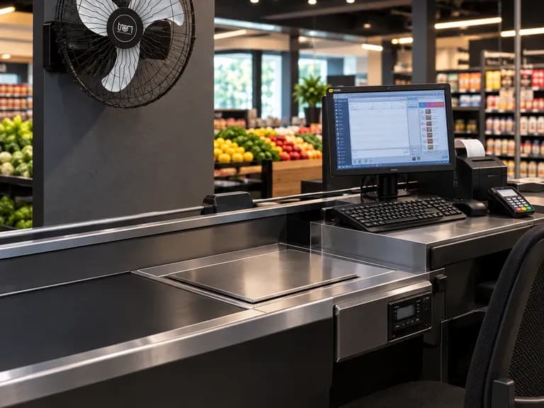 Ventilador de parede e balcão de caixa em um supermercado