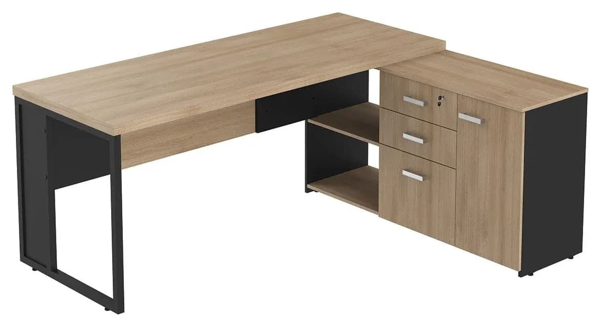 Mesa L com Armário e Gaveteiro Pérola Pé de Aço Minas Office